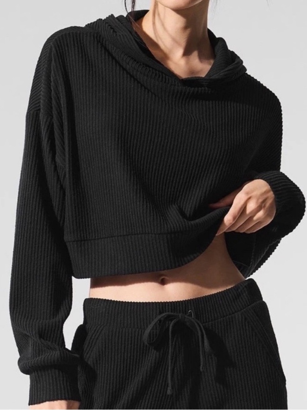 Alo Yoga Muse Ribbed Cropped Hoodie Black Size M W3438R